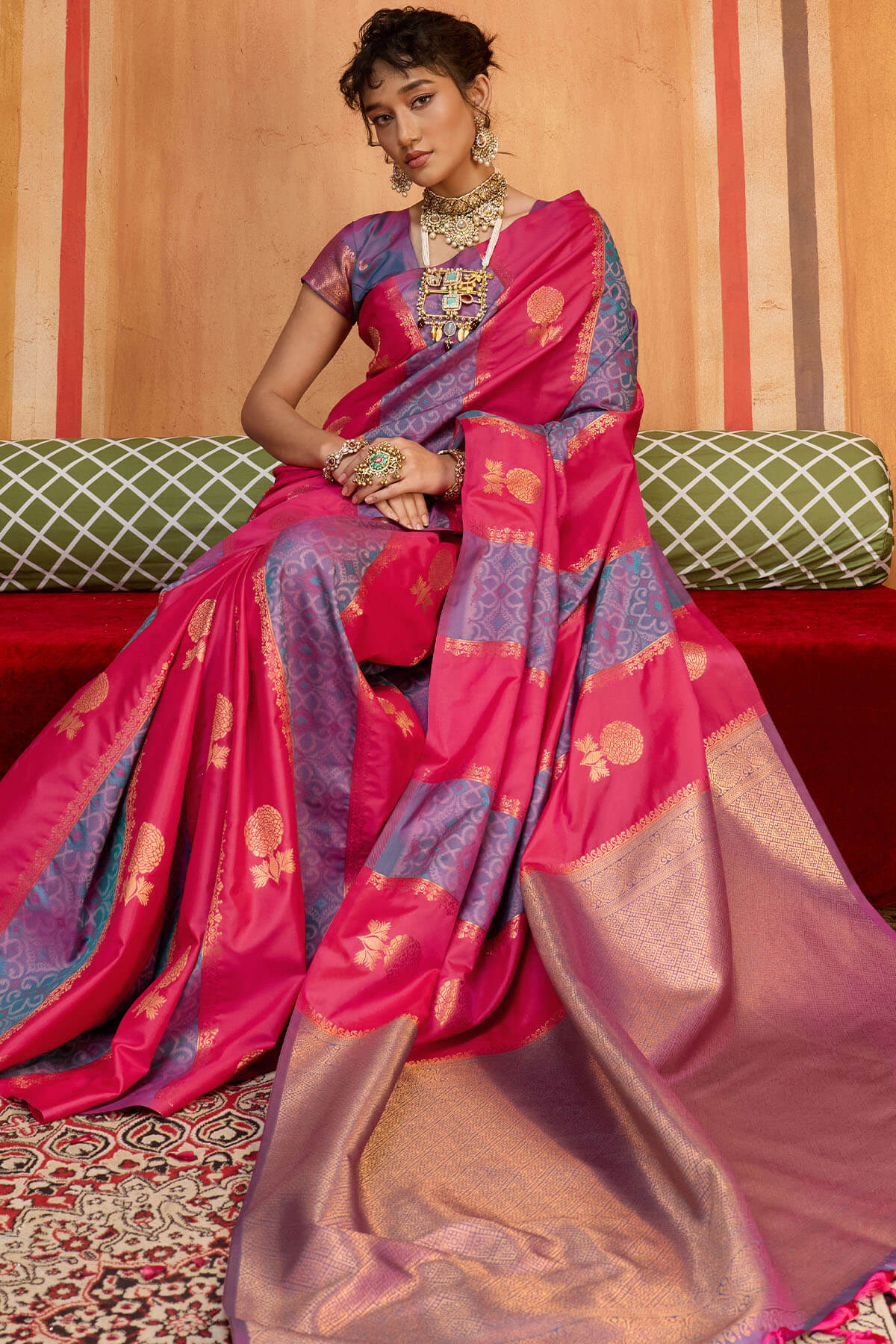 Amazing Dark Pink Pure Zari Weaving Banarasi Silk Saree With Intricate Blouse Piece