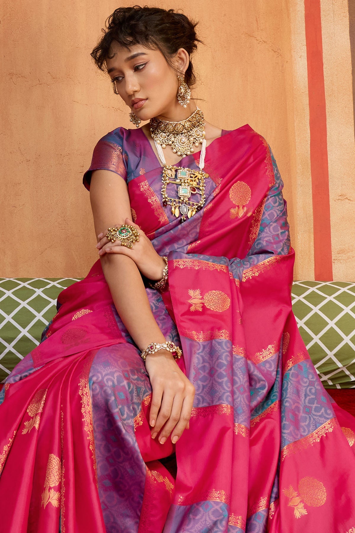 Amazing Dark Pink Pure Zari Weaving Banarasi Silk Saree With Intricate Blouse Piece