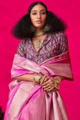 Trendy Magenta Soft Banarasi Tissue Silk Saree With Pleasant Blouse Piece