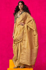 Engrossing Yellow Soft Banarasi Tissue Silk Saree With Scintilla Blouse Piece