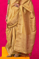Engrossing Yellow Soft Banarasi Tissue Silk Saree With Scintilla Blouse Piece