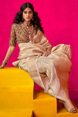 Vivacious Beige Soft Banarasi Tissue Silk Saree With Bewitching Blouse Piece