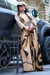 Stunner Dark Beige Digital Printed Satin Silk Saree With Flameboyant Blouse Piece
