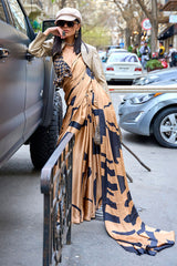 Stunner Dark Beige Digital Printed Satin Silk Saree With Flameboyant Blouse Piece
