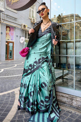 Imaginative Turquoise Digital Printed Satin Silk Saree With Splendiferous Blouse Piece