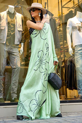 Mellifluous Pista Digital Printed Satin Silk Saree With Staggering Blouse Piece