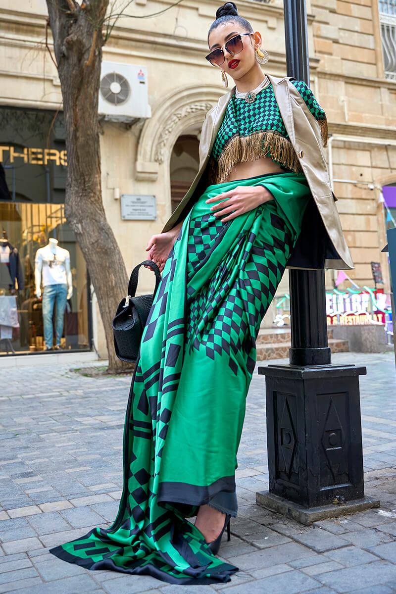 Scintilla Sea Green Digital Printed Satin Silk Saree With Supernal Blouse Piece