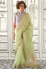 Delightful Pista Soft Silk Saree With Jazzy Blouse Piece