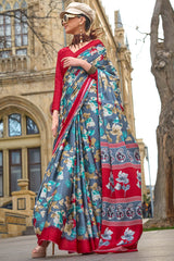 Adoring Grey Digital Printed Satin Silk Saree With Excellent Blouse Piece
