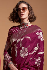 Gorgeous Wine Georgette Banarasi Silk Saree With Pretty Blouse Piece