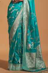 Chatoyant Turquoise Georgette Banarasi Silk Saree With Evanescent Blouse Piece