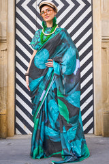 Surpassing Black Digital Printed Satin Silk Saree With Desiring Blouse Piece