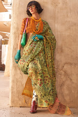 Trendy Green Digital Printed Tissue Silk Saree With Classy Blouse Piece