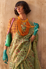Trendy Green Digital Printed Tissue Silk Saree With Classy Blouse Piece