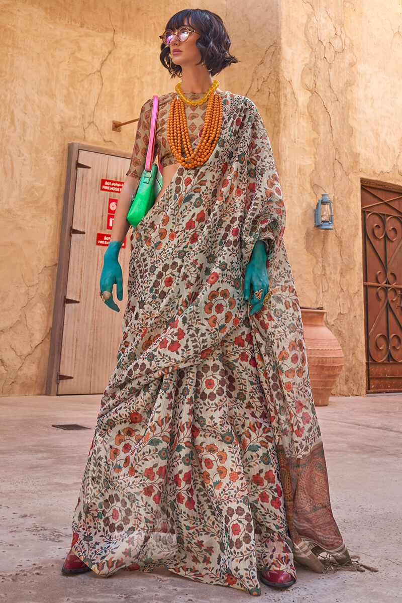 Attractive Off White Digital Printed Tissue Silk Saree With Phenomenal Blouse Piece - Mameraa