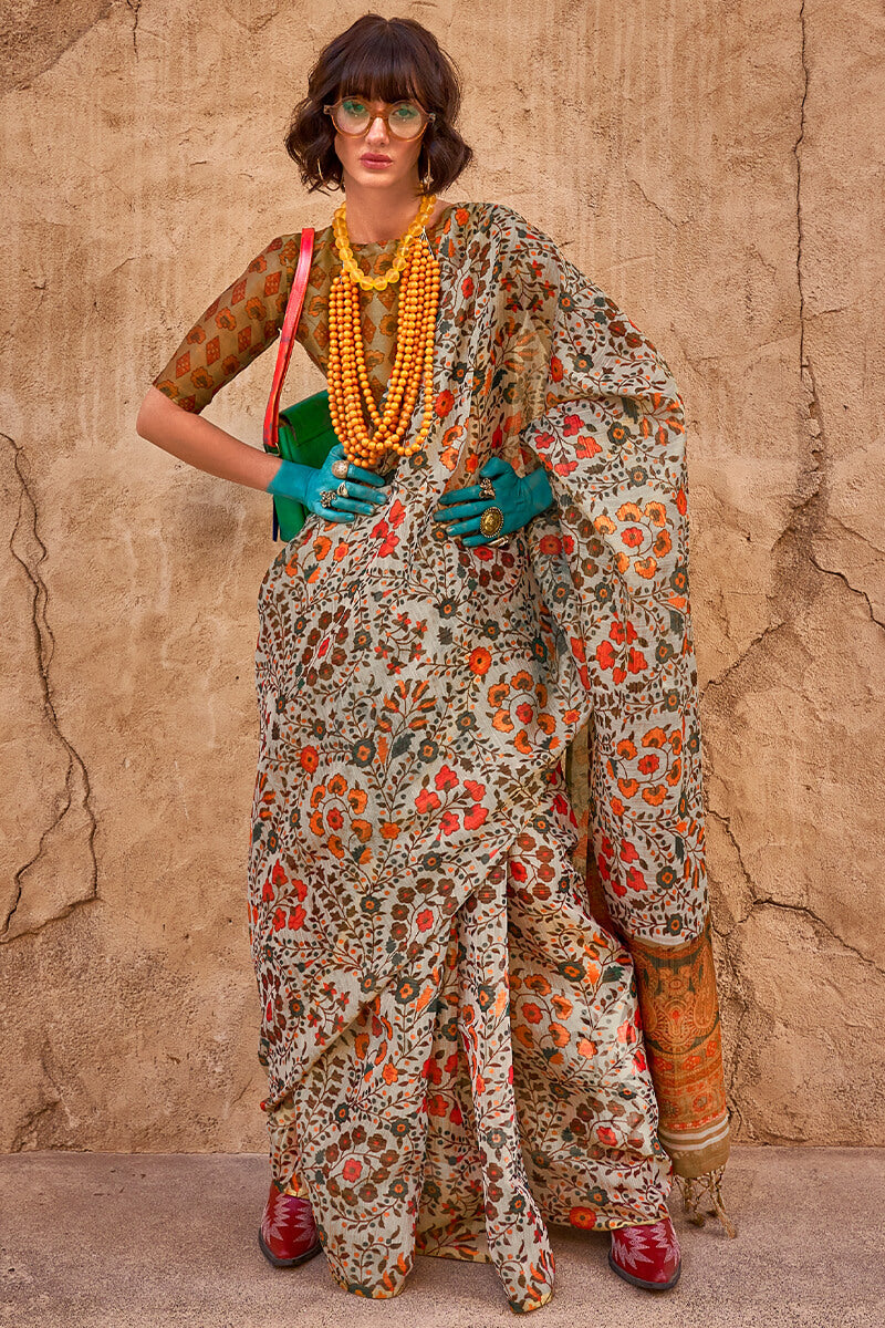 Attractive Off White Digital Printed Tissue Silk Saree With Phenomenal Blouse Piece - Mameraa