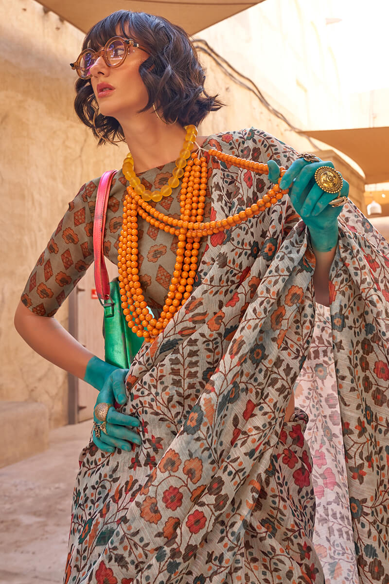 Attractive Off White Digital Printed Tissue Silk Saree With Phenomenal Blouse Piece - Mameraa