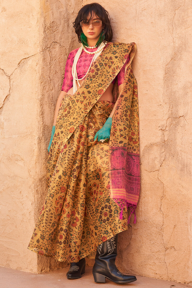 Deserving Mustard Digital Printed Tissue Silk Saree With Impressive Blouse Piece