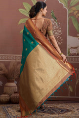 Petrichor Rama Banarasi Tussar Silk Saree With Verdant Blouse Piece