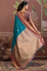 Incredible Blue Banarasi Tussar Silk Saree With Grandiose Blouse Piece