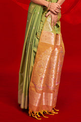 Chatoyant Green Soft Banarasi Silk Saree With Gossamer Blouse Piece