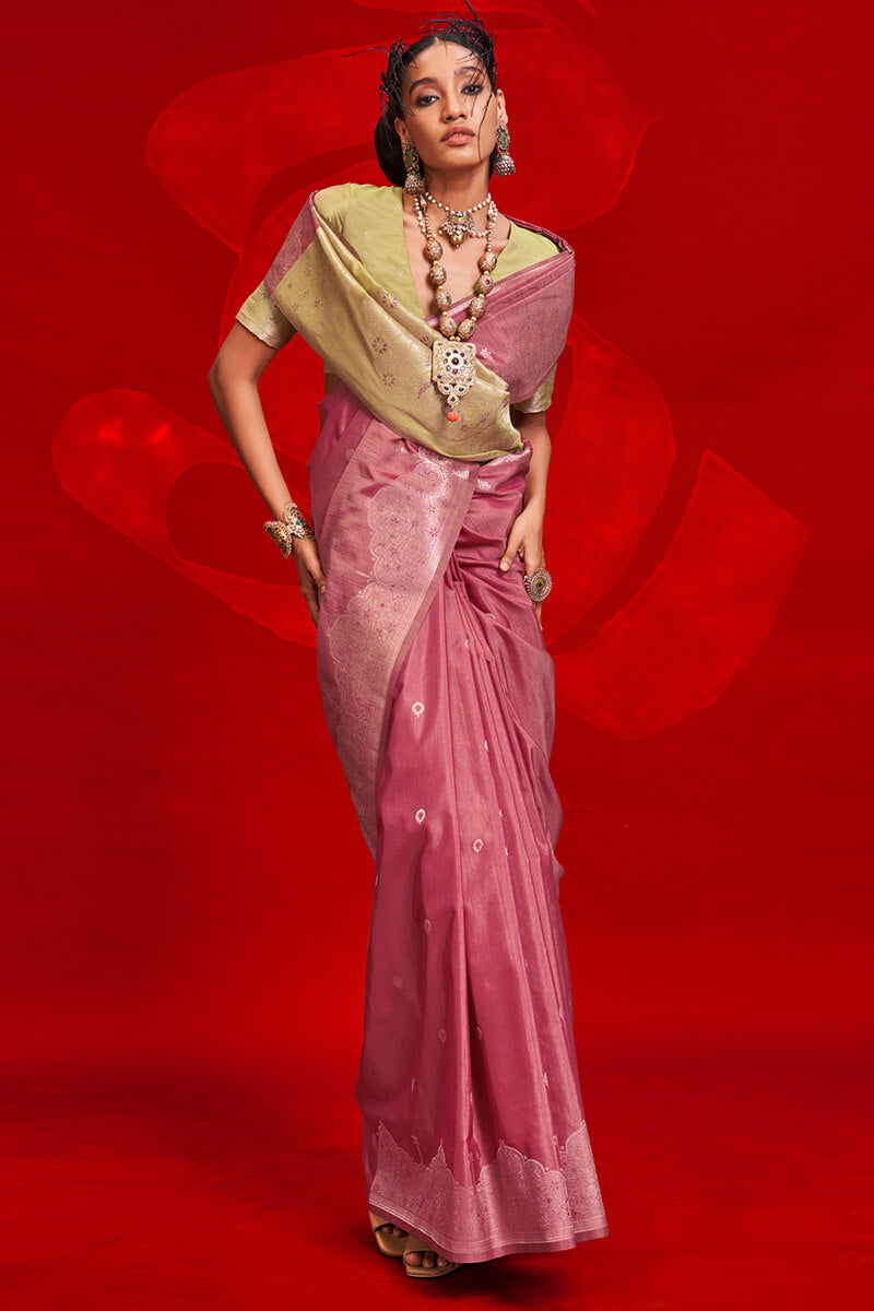Incredible Pink Soft Banarasi Silk Saree With Fragrant Blouse Piece