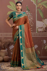Elegant Brown Banarasi Tussar Silk Saree With Ineffable Blouse Piece