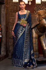 Resplendent Navy Blue Banarasi Satin Silk Saree With Enigmatic Blouse