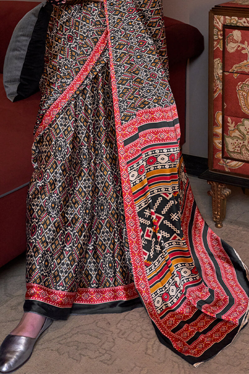 Resplendent Black Digital Printed Satin Silk Saree With Piquant Blouse Piece