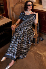Ethereal Black Digital Printed Satin Silk Saree With Tantalizing Blouse Piece