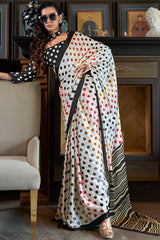 Resplendent White Digital Printed Satin Silk Saree With Profuse Blouse Piece