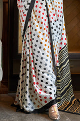 Resplendent White Digital Printed Satin Silk Saree With Profuse Blouse Piece