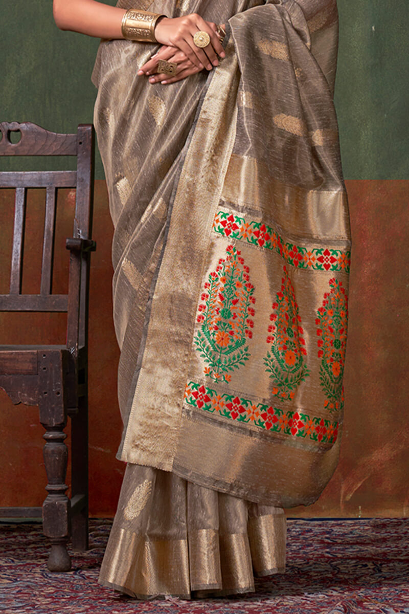 Snazzy Brown Paithani Pure Tissue Silk Saree With Smashing Blouse Piece