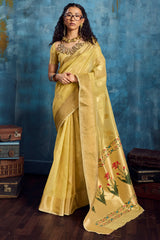 Panoply Yellow Paithani Pure Tissue Silk Saree With Woebegone Blouse Piece