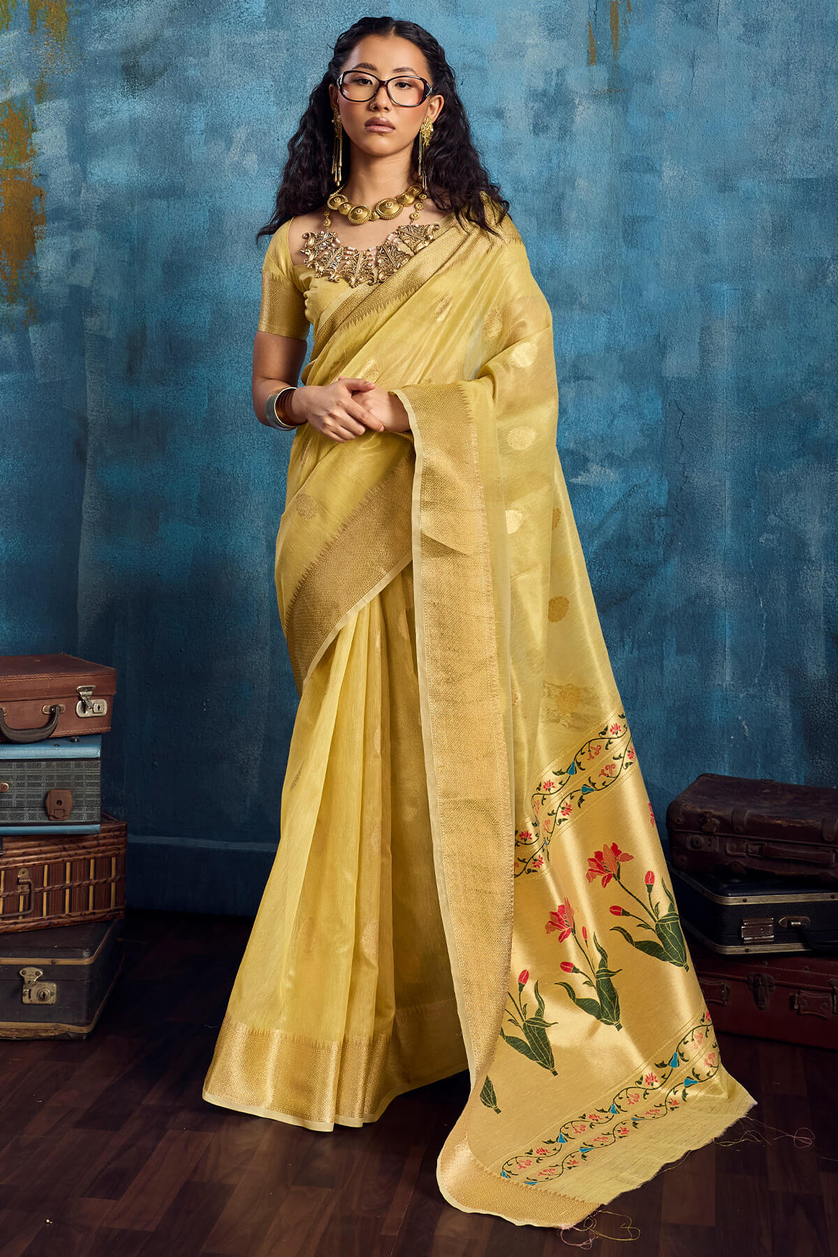 Panoply Yellow Paithani Pure Tissue Silk Saree With Woebegone Blouse Piece
