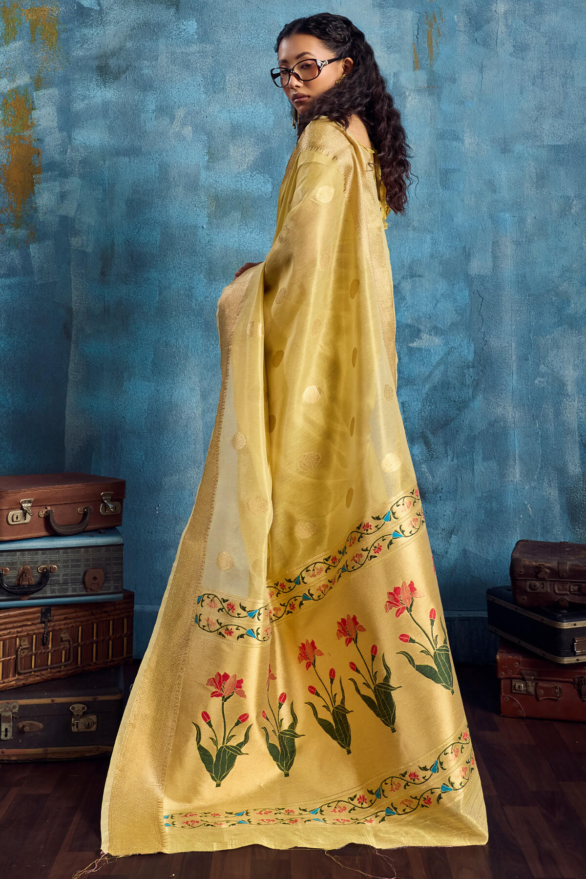 Panoply Yellow Paithani Pure Tissue Silk Saree With Woebegone Blouse Piece