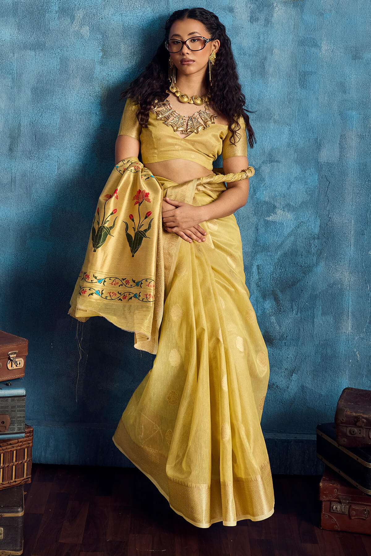 Panoply Yellow Paithani Pure Tissue Silk Saree With Woebegone Blouse Piece