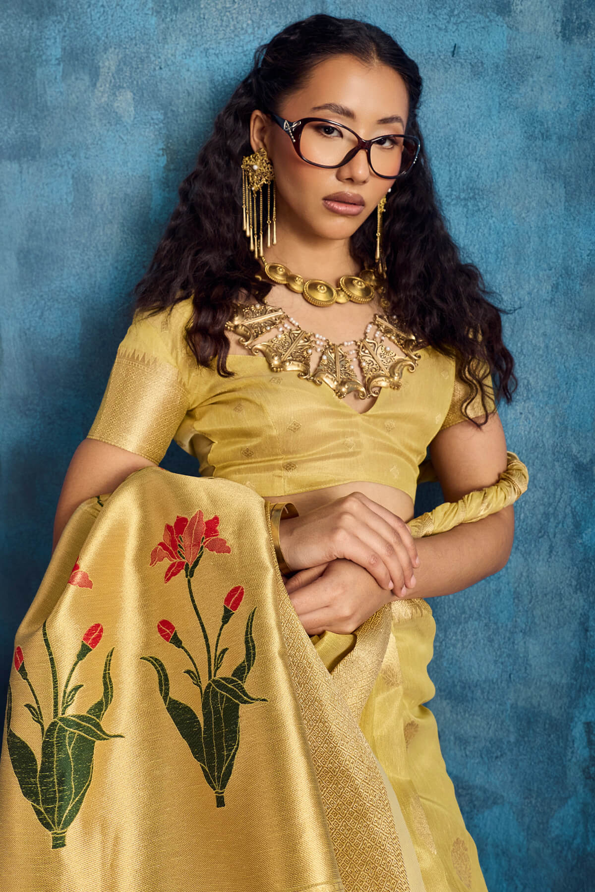 Panoply Yellow Paithani Pure Tissue Silk Saree With Woebegone Blouse Piece