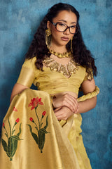 Panoply Yellow Paithani Pure Tissue Silk Saree With Woebegone Blouse Piece