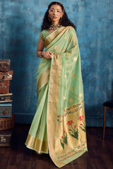 Captivating Pista Paithani Pure Tissue Silk Saree With Seraglio Blouse Piece