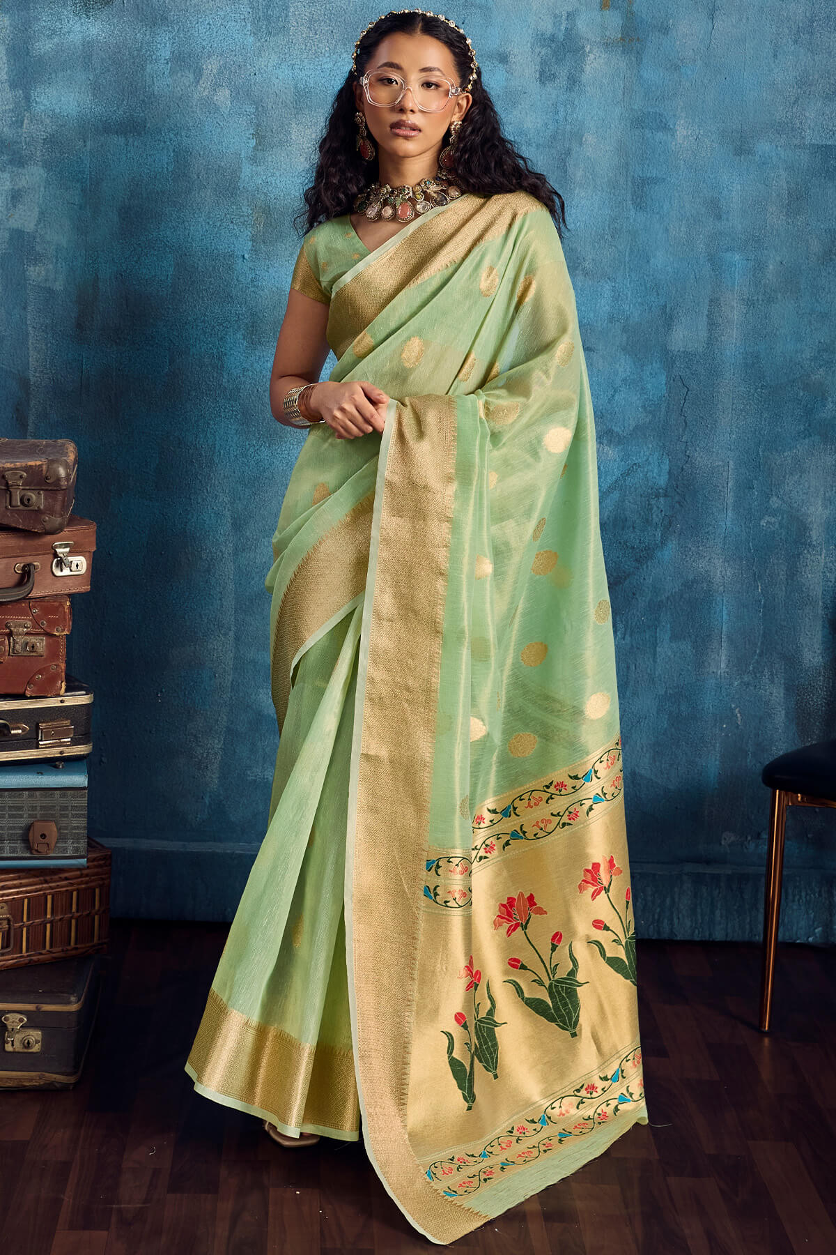 Captivating Pista Paithani Pure Tissue Silk Saree With Seraglio Blouse Piece