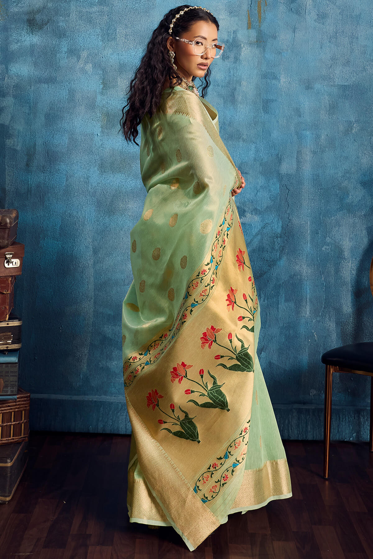 Captivating Pista Paithani Pure Tissue Silk Saree With Seraglio Blouse Piece