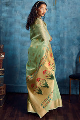 Captivating Pista Paithani Pure Tissue Silk Saree With Seraglio Blouse Piece