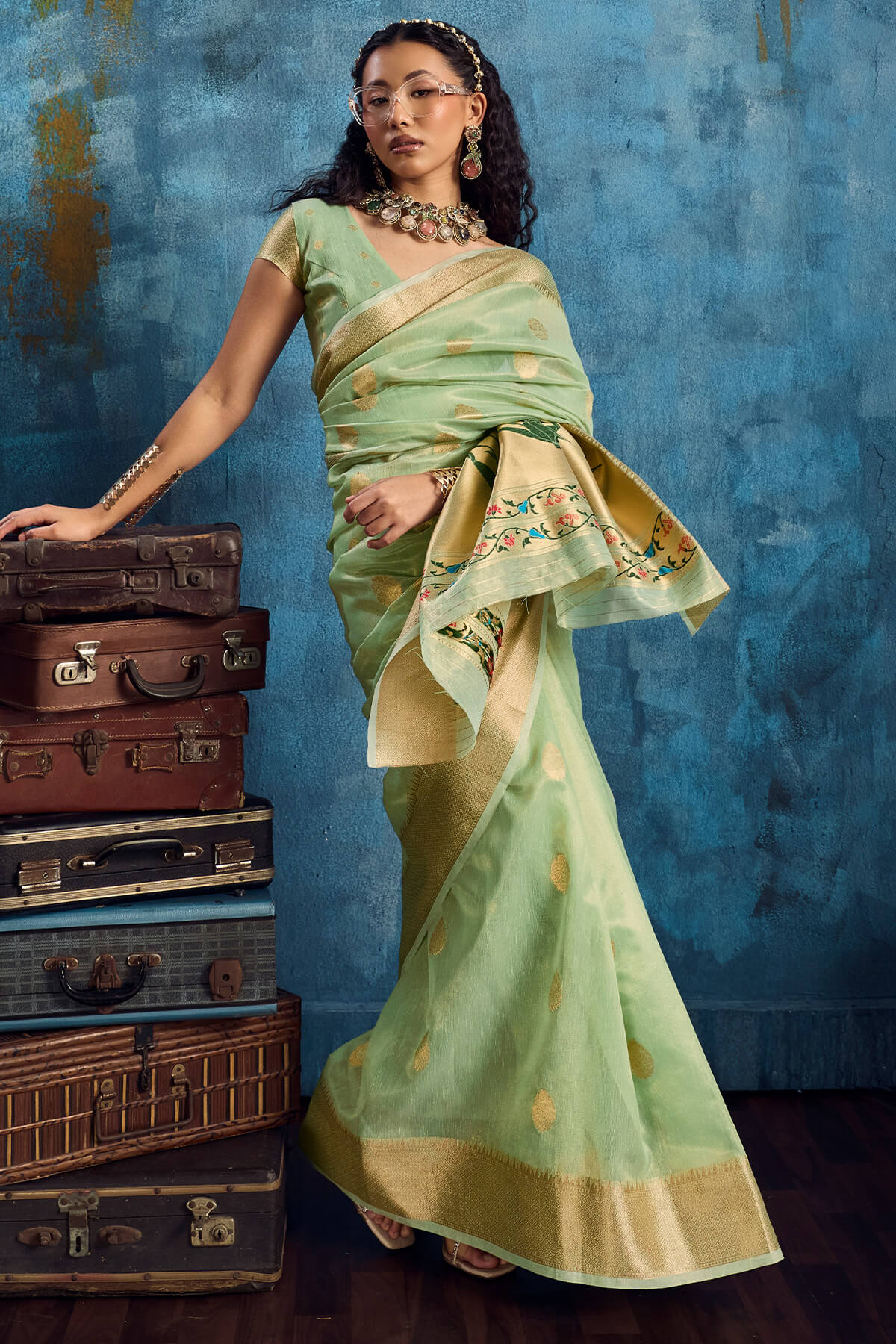 Captivating Pista Paithani Pure Tissue Silk Saree With Seraglio Blouse Piece