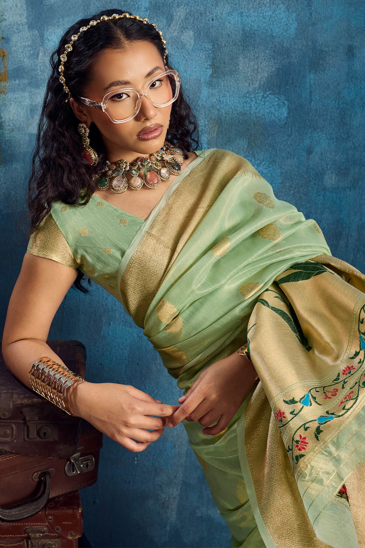 Captivating Pista Paithani Pure Tissue Silk Saree With Seraglio Blouse Piece