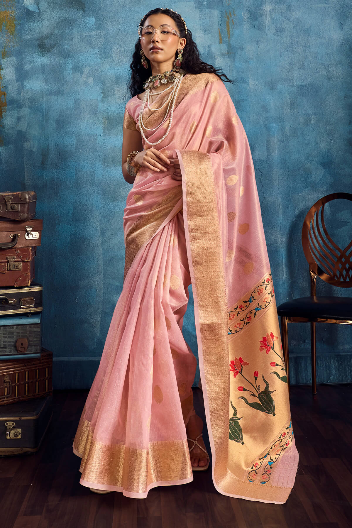 Exemplary Pink Paithani Pure Tissue Silk Saree With Marvellous Blouse Piece