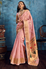 Exemplary Pink Paithani Pure Tissue Silk Saree With Marvellous Blouse Piece