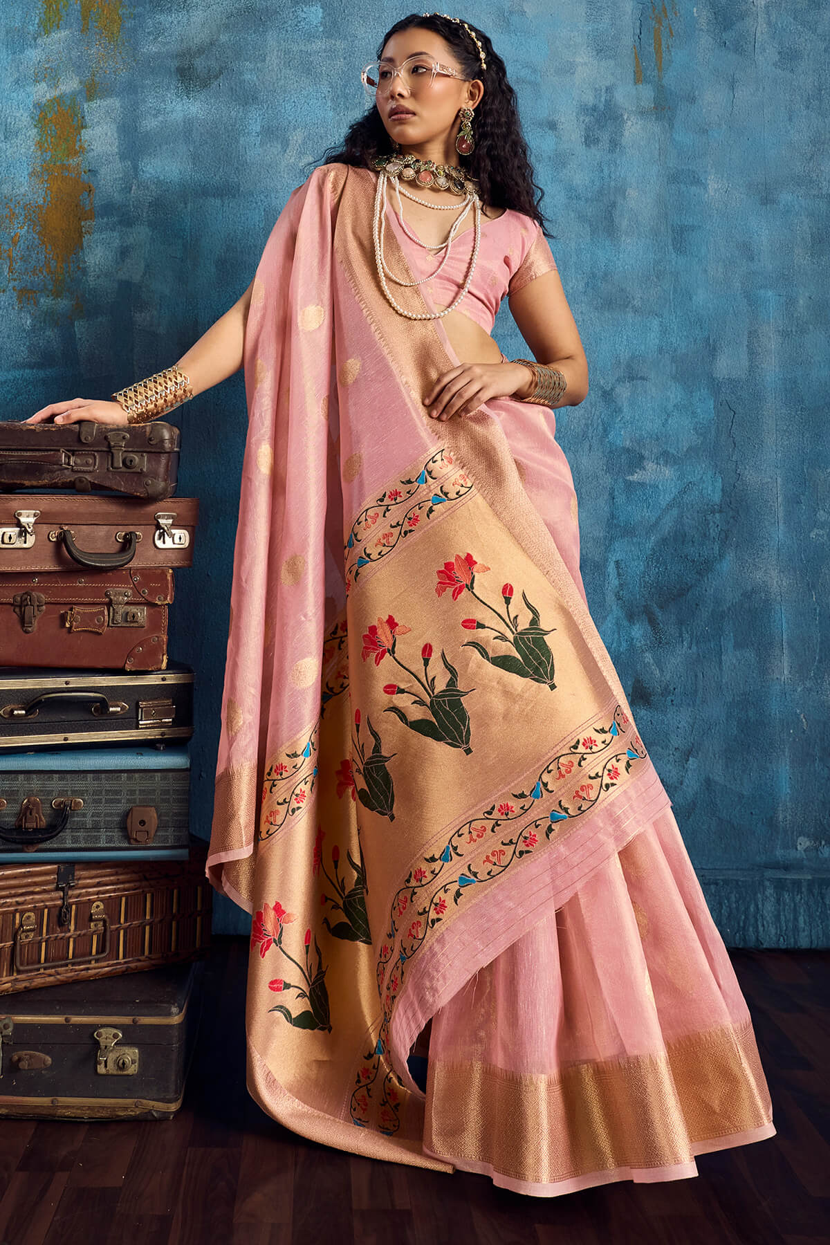 Exemplary Pink Paithani Pure Tissue Silk Saree With Marvellous Blouse Piece