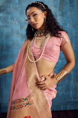 Exemplary Pink Paithani Pure Tissue Silk Saree With Marvellous Blouse Piece