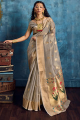 Rhapsodic Grey Paithani Pure Tissue Silk Saree With Bucolic Blouse Piece